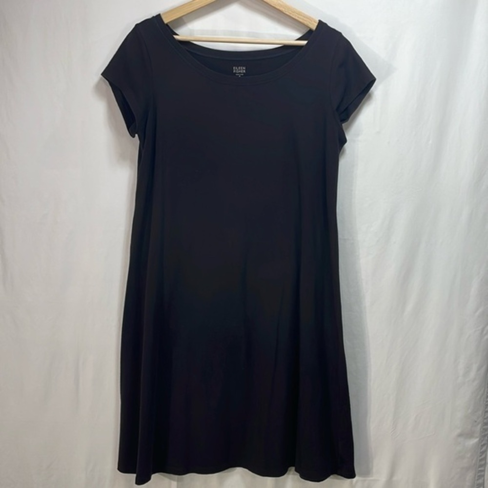 🦚 Eileen Fisher, black T-shirt, knit dress cap sleeve wide neckline